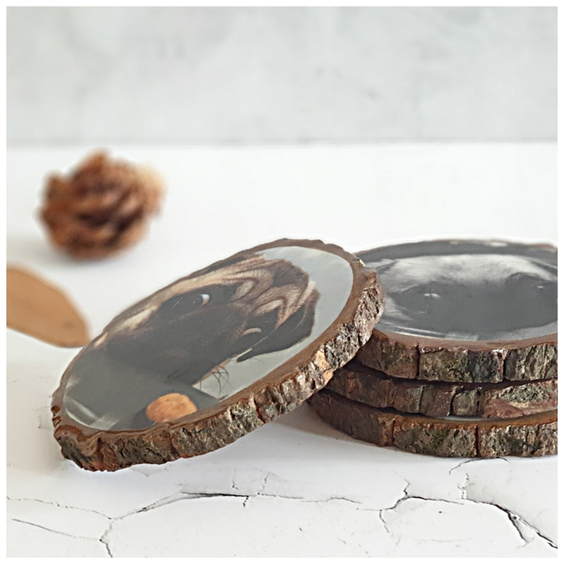 COASTERS - WOOD BARK (SET OF 4) - PUGS IN DIFFERENT MOODS