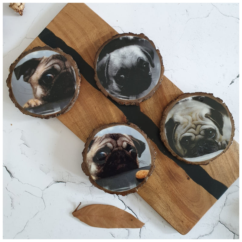 COASTERS - WOOD BARK (SET OF 4) - PUGS IN DIFFERENT MOODS