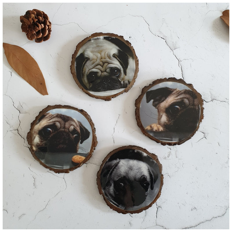COASTERS - WOOD BARK (SET OF 4) - PUGS IN DIFFERENT MOODS