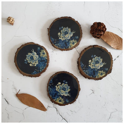 COASTERS - WOOD BARK (SET OF 6) - DENIM BLUE FLORAL