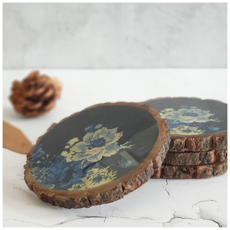 COASTERS - WOOD BARK (SET OF 6) - DENIM BLUE FLORAL