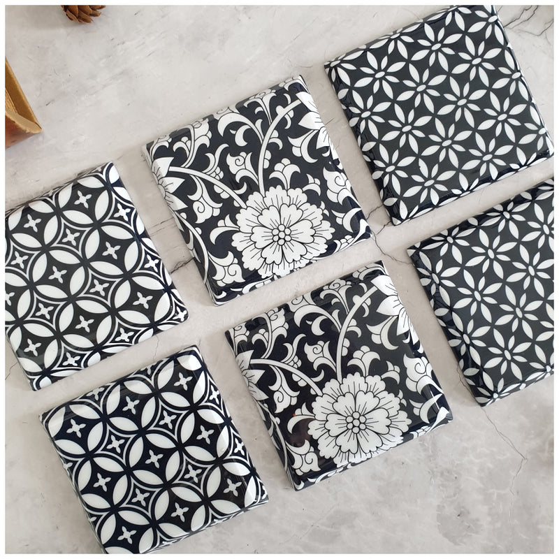Coasters - Wooden - Square - Set Of 6 - Abstract Floral