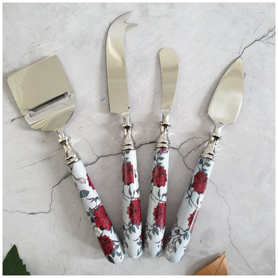 Cheese Knife Set (Set of 4) - Grey Red Floral