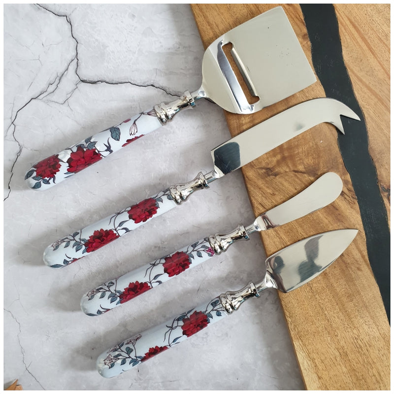 Cheese Knife Set (Set of 4) - Grey Red Floral