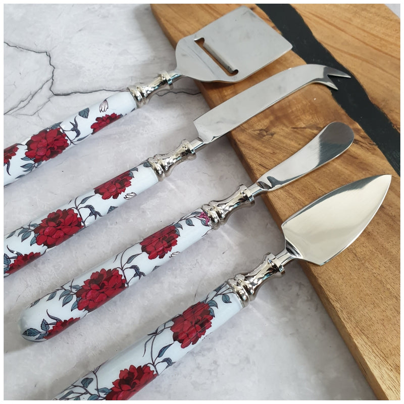 Cheese Knife Set (Set of 4) - Grey Red Floral
