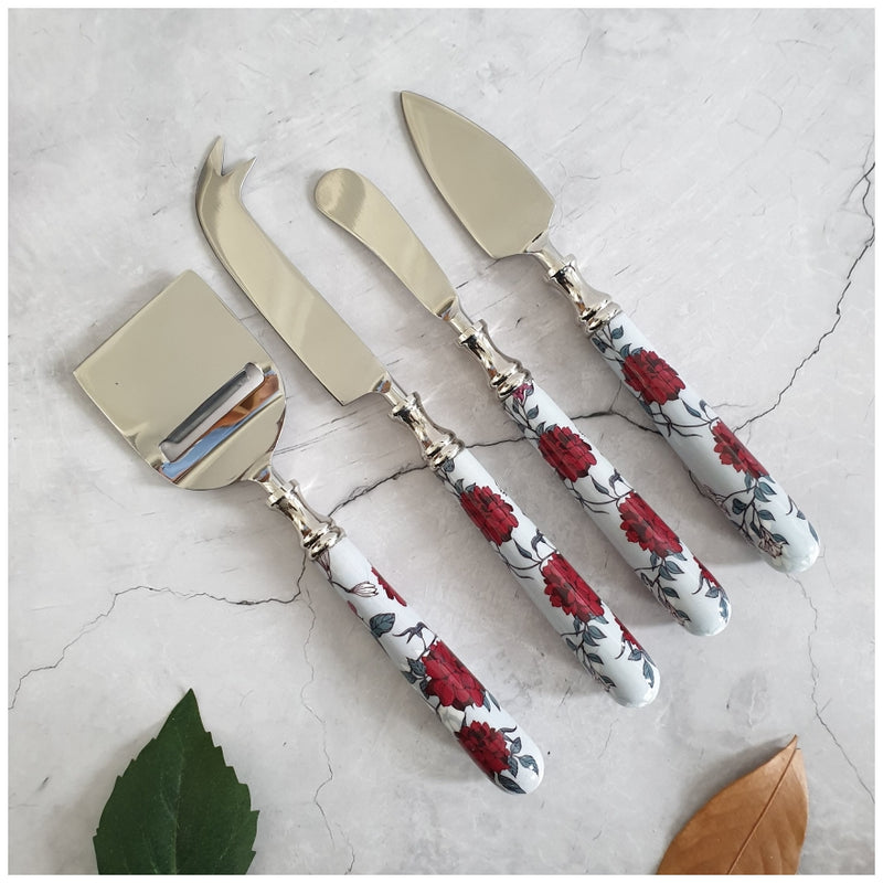 Cheese Knife Set (Set of 4) - Grey Red Floral
