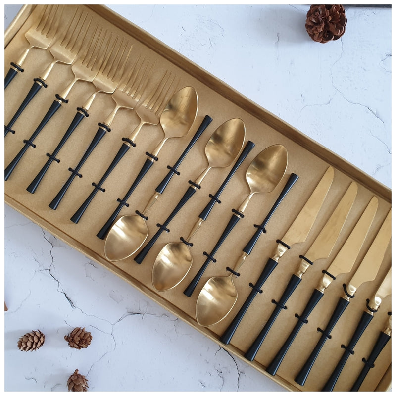 CUTLERY SET - (Set of 36) - MATTE BLACK & GOLD