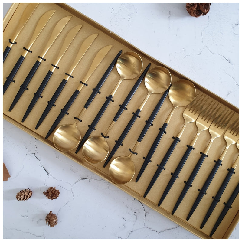 CUTLERY SET - (Set of 36) - MATTE BLACK & GOLD