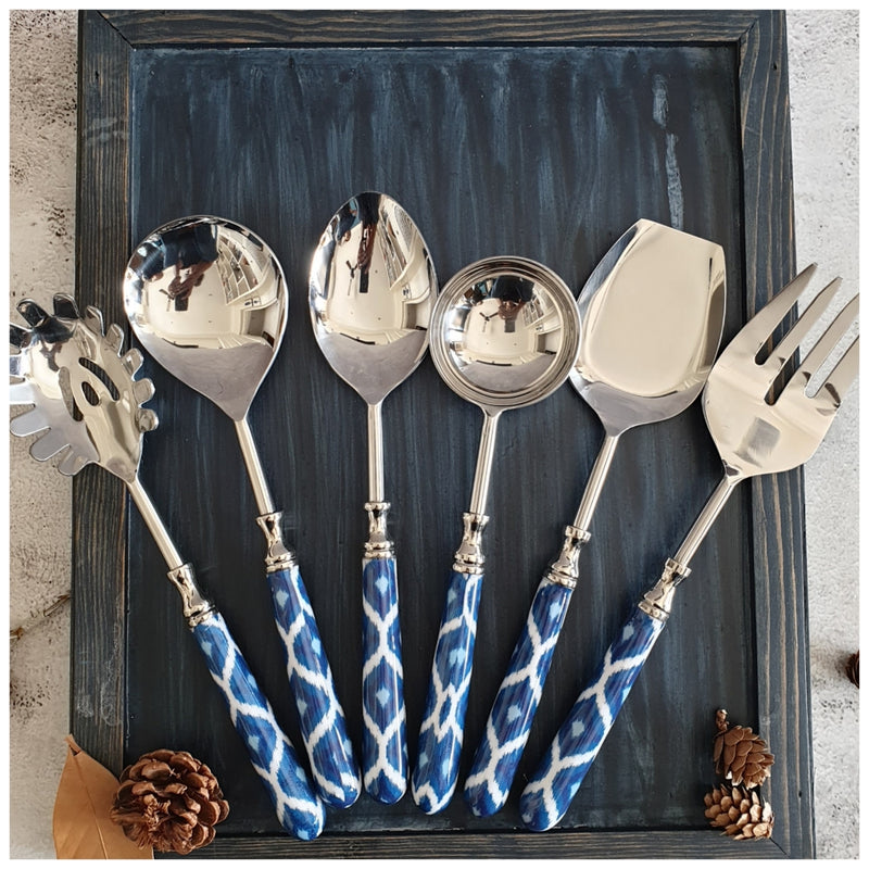 CUTLERY SET - SERVING (Set of 6) - Blue & White Ikat