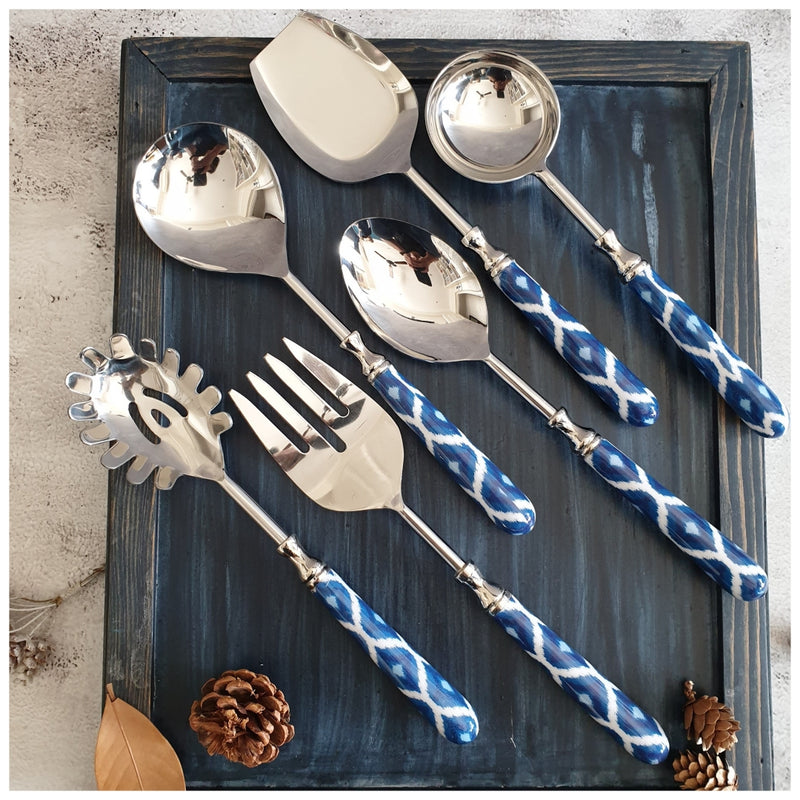 CUTLERY SET - SERVING (Set of 6) - Blue & White Ikat