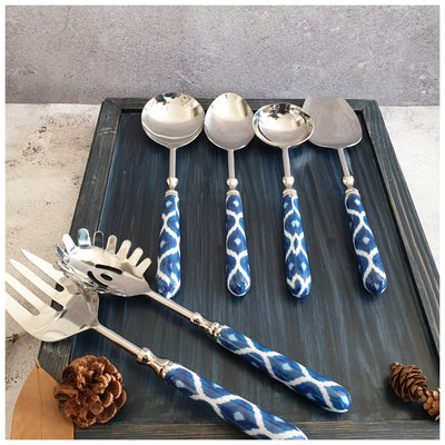 CUTLERY SET - SERVING (Set of 6) - Blue & White Ikat