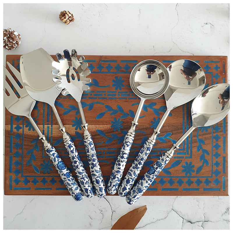 CUTLERY SET - SERVING (Set of 6) - INDIGO BLUE FLORAL