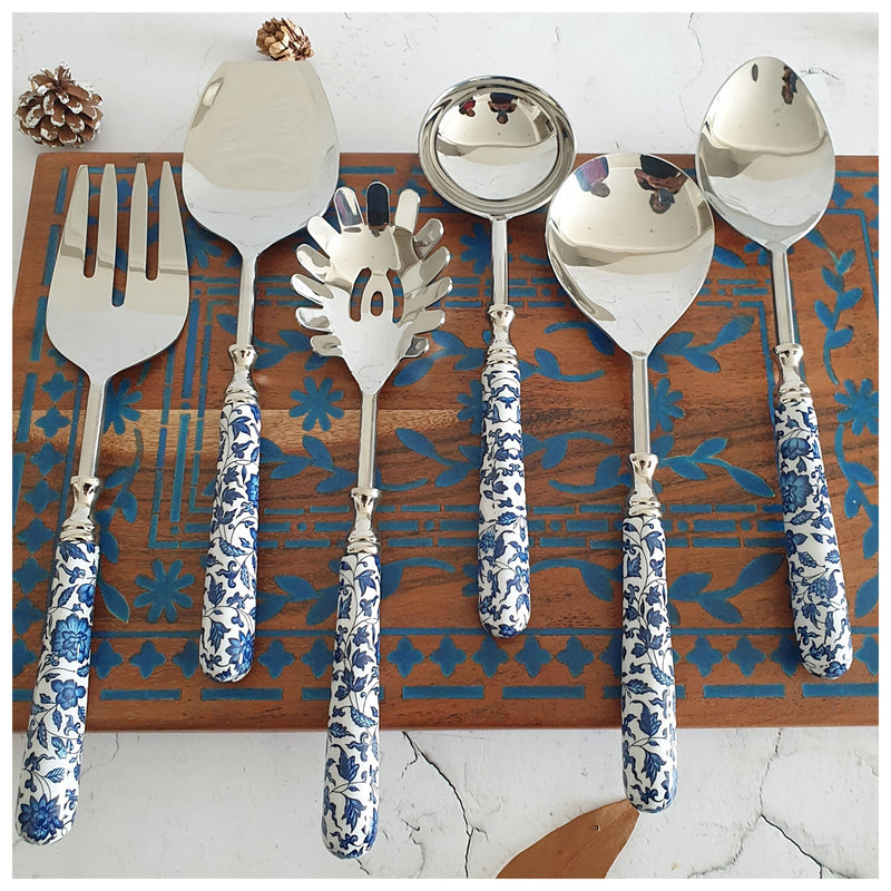 CUTLERY SET - SERVING (Set of 6) - INDIGO BLUE FLORAL