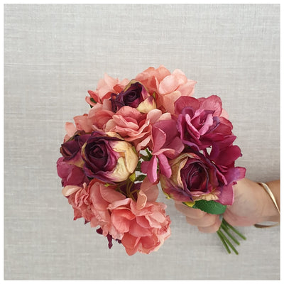 Flowers (Artificial) - Bunch of Roses & Hydrangeas - Ochre & Pink