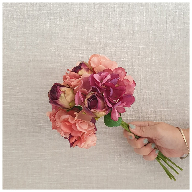 Flowers (Artificial) - Bunch of Roses & Hydrangeas - Ochre & Pink
