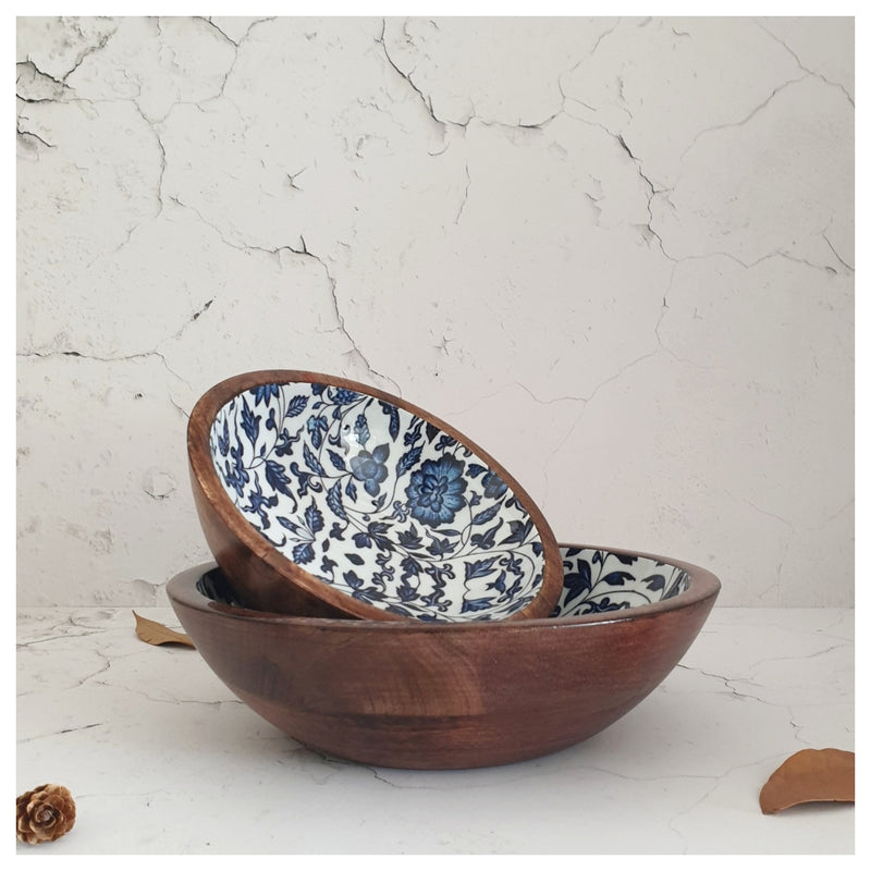 Wooden Multipurpose Bowls - Set of 2 - Indigo Blue Floral