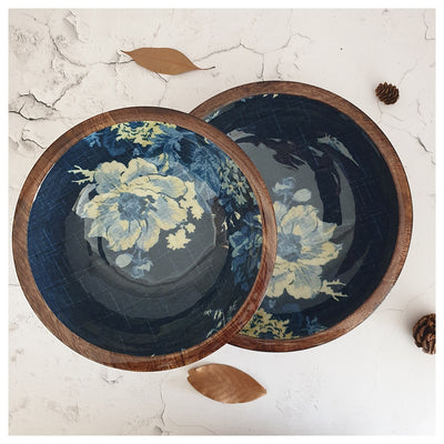 Wooden Multipurpose Bowls - Set of 2 - Denim Blue Floral