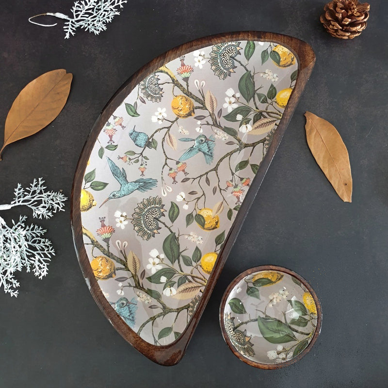 Platter - Half Moon Shape with Matching Bowl - Humming Bird