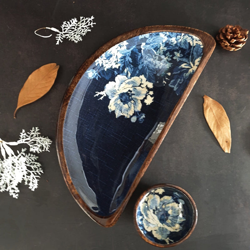 Platter - Half Moon Shape with Matching Bowl - Denim Blue Floral