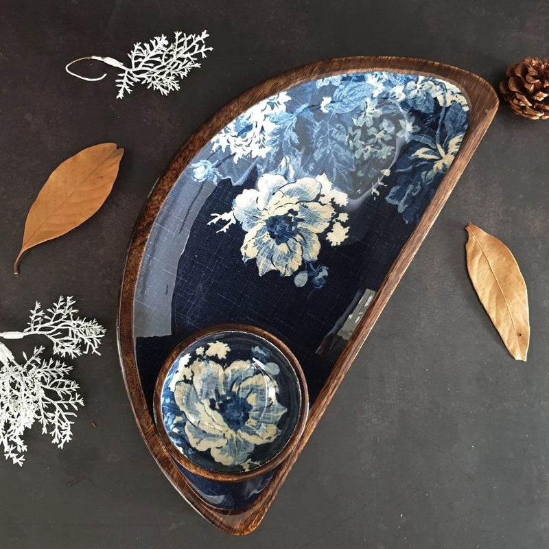 Platter - Half Moon Shape with Matching Bowl - Denim Blue Floral