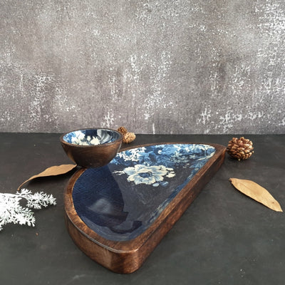 Platter - Half Moon Shape with Matching Bowl - Denim Blue Floral