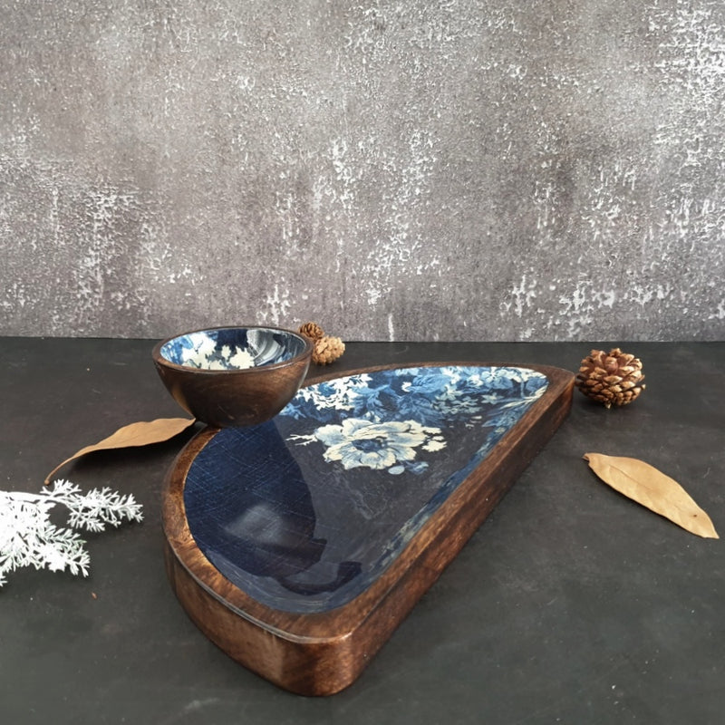Platter - Half Moon Shape with Matching Bowl - Denim Blue Floral