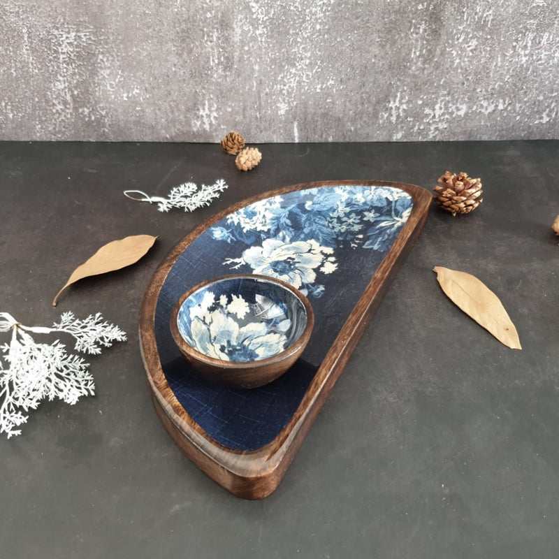 Platter - Half Moon Shape with Matching Bowl - Denim Blue Floral