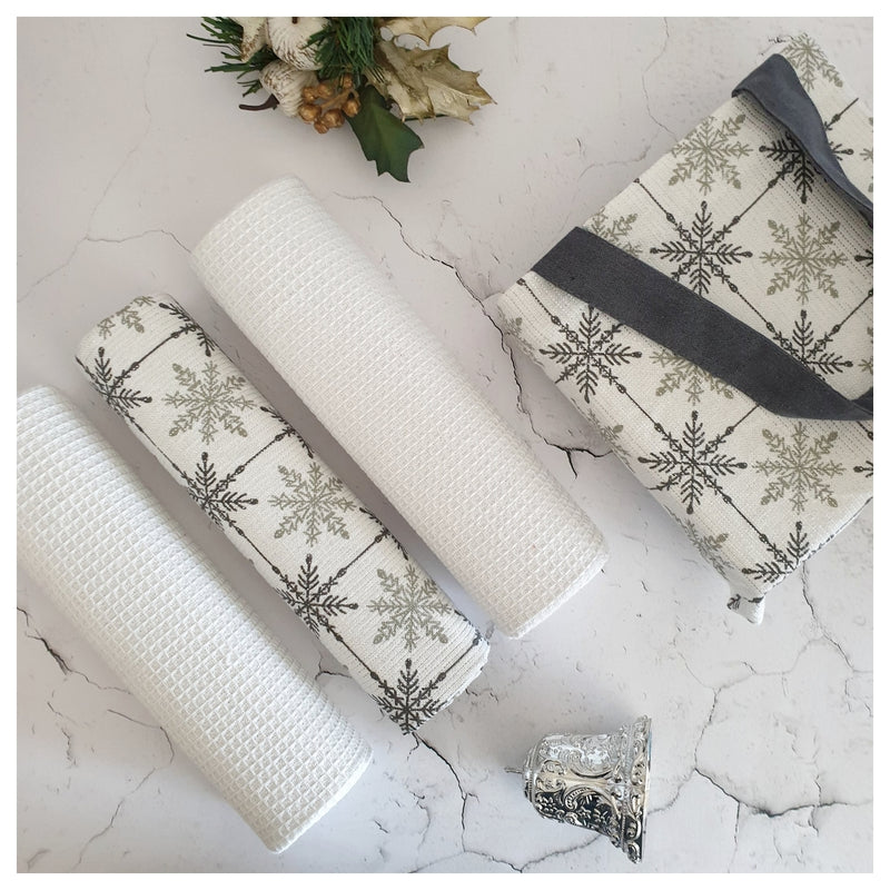 Kitchen Towels in a Bag (Set of 3) - Christmas Snowflake (Grey & White) Collection