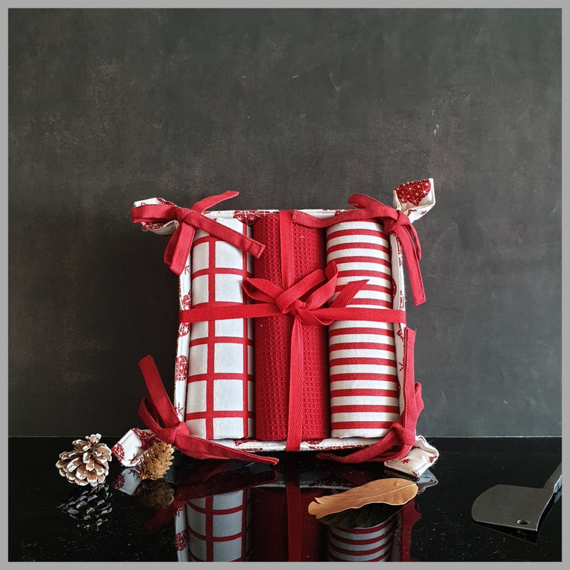 Kitchen Towels in a Basket (Set of 3) - Love, Stripes & Checks (Red)