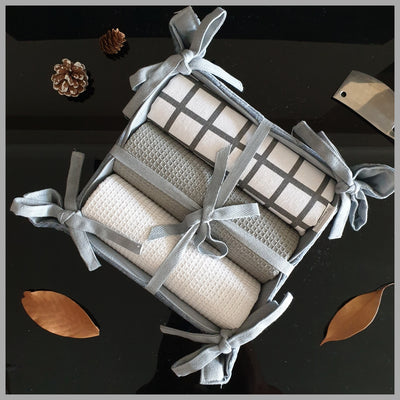 Kitchen Towels in a Basket (Set of 3) - Velvet Grey