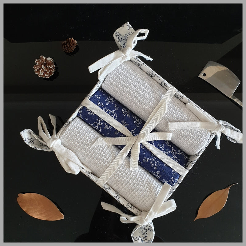 Kitchen Towels in a Basket (Set of 3) - Coral Reef Blue & White