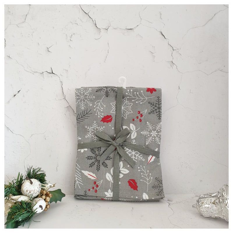 Kitchen Towels (Set of 3) - Christmas Snowflakes (Grey & Red)