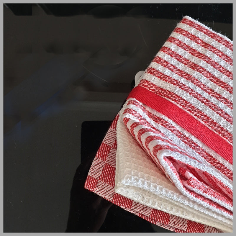 Kitchen Towels (Set of 3) - Checks & Stripes (Red)