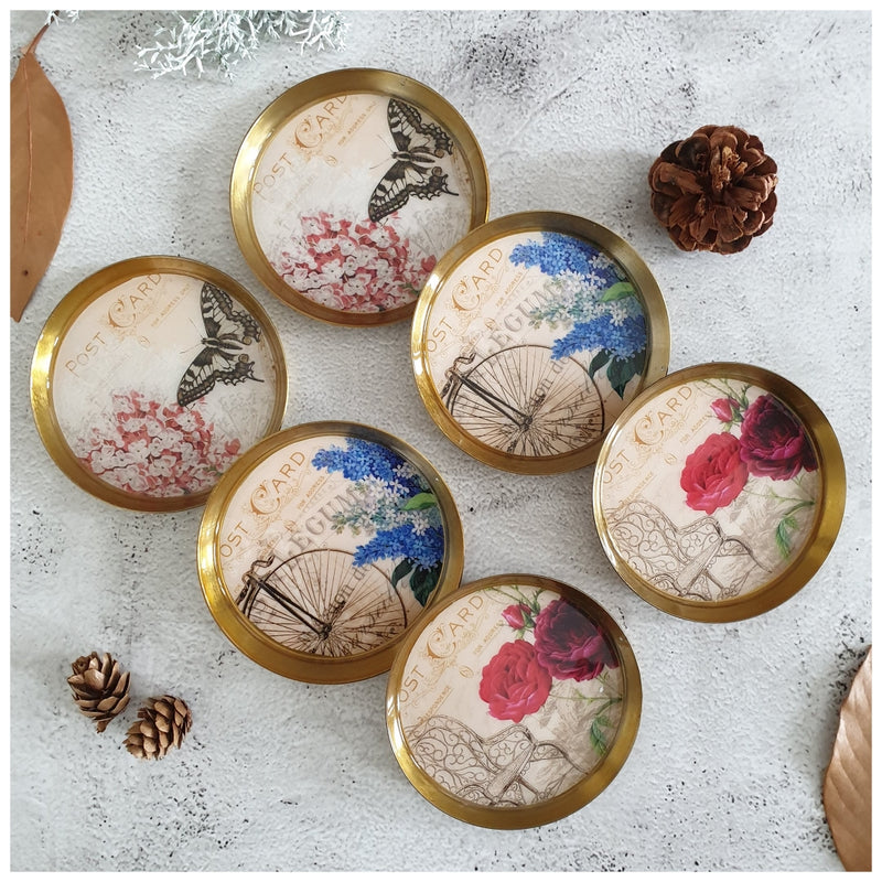 COASTERS, METAL (Set Of 6) - POST CARD COLLECTION