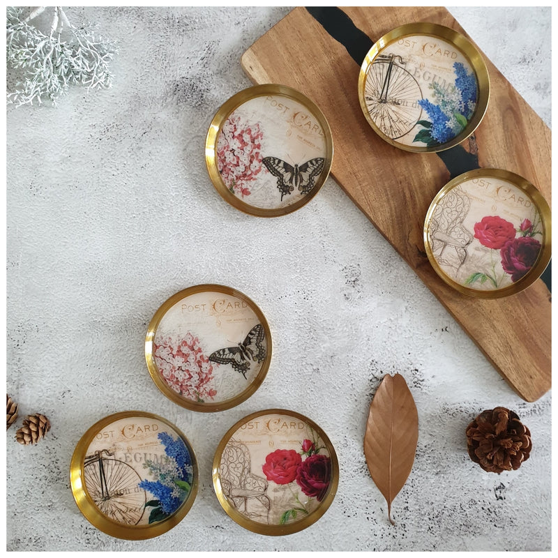COASTERS, METAL (Set Of 6) - POST CARD COLLECTION