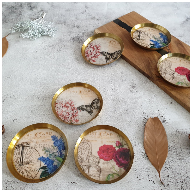 COASTERS, METAL (Set Of 6) - POST CARD COLLECTION