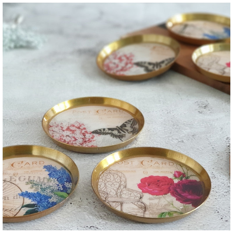 COASTERS, METAL (Set Of 6) - POST CARD COLLECTION