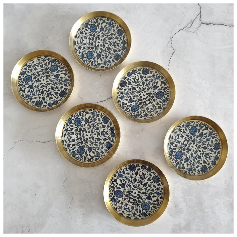 COASTERS, METAL (Set Of 6) - INDIGO BLUE FLORAL