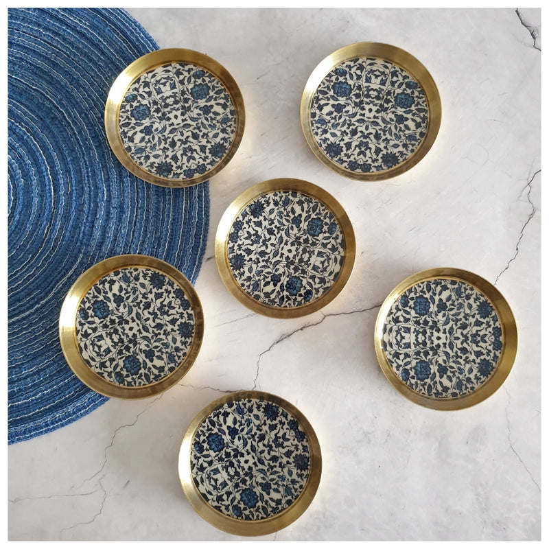 COASTERS, METAL (Set Of 6) - INDIGO BLUE FLORAL