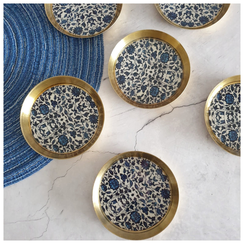 COASTERS, METAL (Set Of 6) - INDIGO BLUE FLORAL