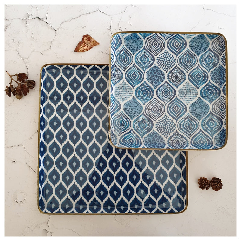 Metal Platter & Tray (Square, Set of 2) - Palm Mandala & Ikat