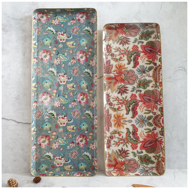 Metal Platter & Tray (Rectangle, Set of 2) - Kalamkari & Earthy Floral