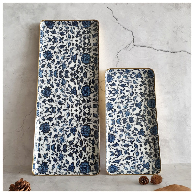 Metal Platter & Tray (Rectangle, Set of 2) - Indigo Blue