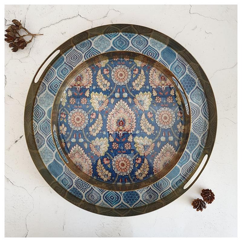 Metal Platter & Tray (Round, Set of 2) - Palm Mandala & Blue Pop