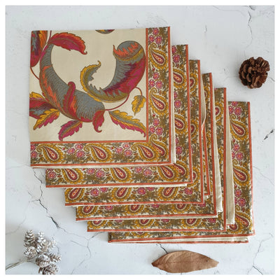 NAPKINS IN COTTON - OCHRE PAISLEY LEAF (Set of 6)