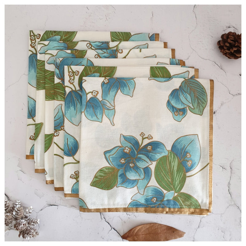 NAPKINS IN COTTON - SKY BLUE FLOWERS (Set of 6)