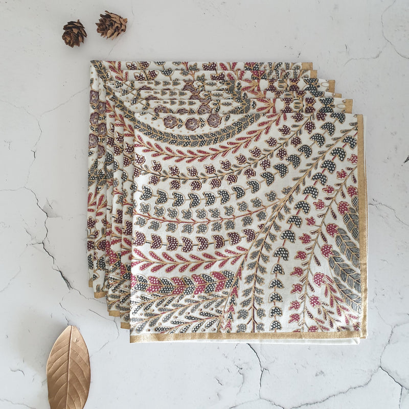 NAPKINS IN COTTON - GREY & RED FEATHER (Set of 6)