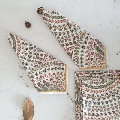 NAPKINS IN COTTON - GREY & RED FEATHER (Set of 6)