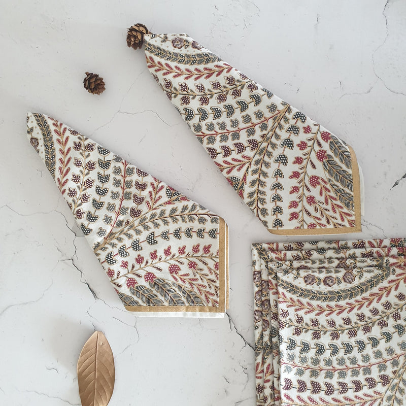 NAPKINS IN COTTON - GREY & RED FEATHER (Set of 6)