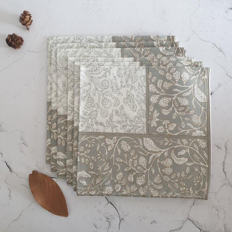 NAPKINS IN COTTON - WHITE & GREY FLORAL (Set of 6)